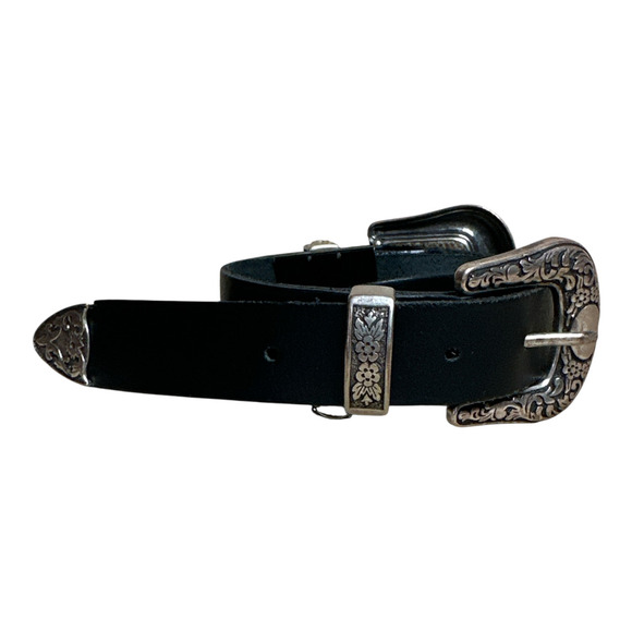 Double Buckle Black WESTERN LEATHER Southwestern Adjustable Belt Silver Buckle - Picture 1 of 4